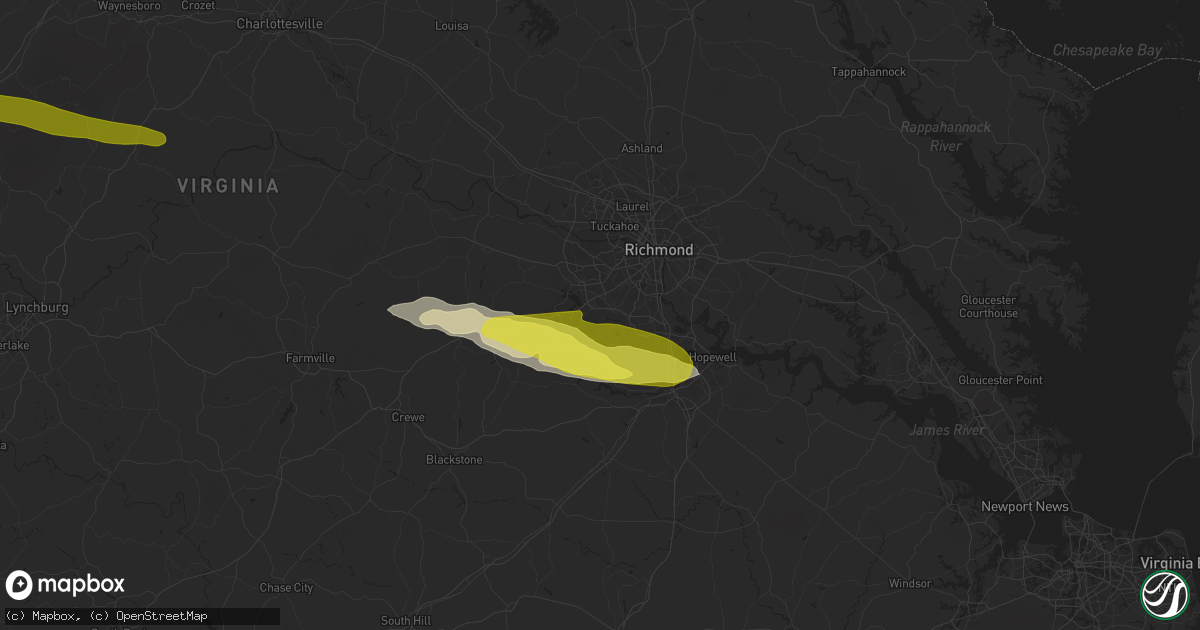 Hail map in Chesterfield, VA on April 14, 2025