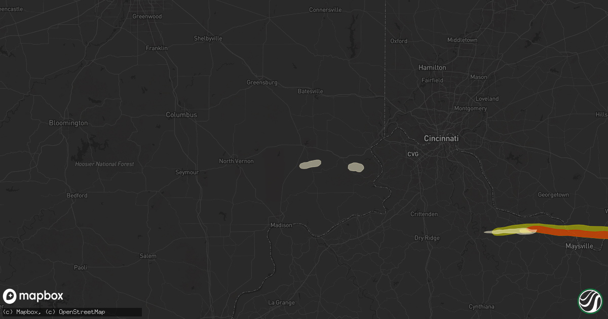 Hail map in Versailles, IN on April 14, 2025