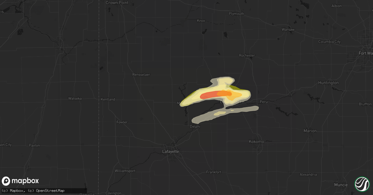 Hail map in Monticello, IN on April 14, 2026