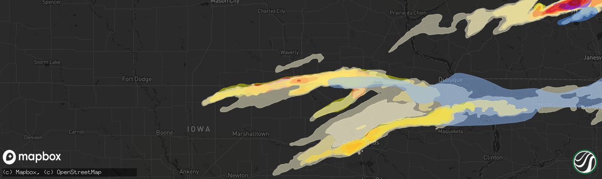 Hail map in Waterloo, IA on April 14, 2026