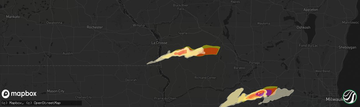 Hail map in Westby, WI on April 14, 2026