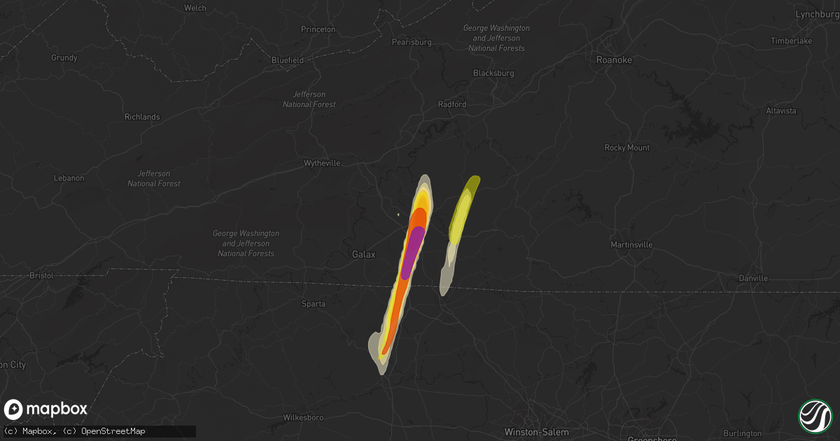 Hail map in Hillsville, VA on April 15, 2018