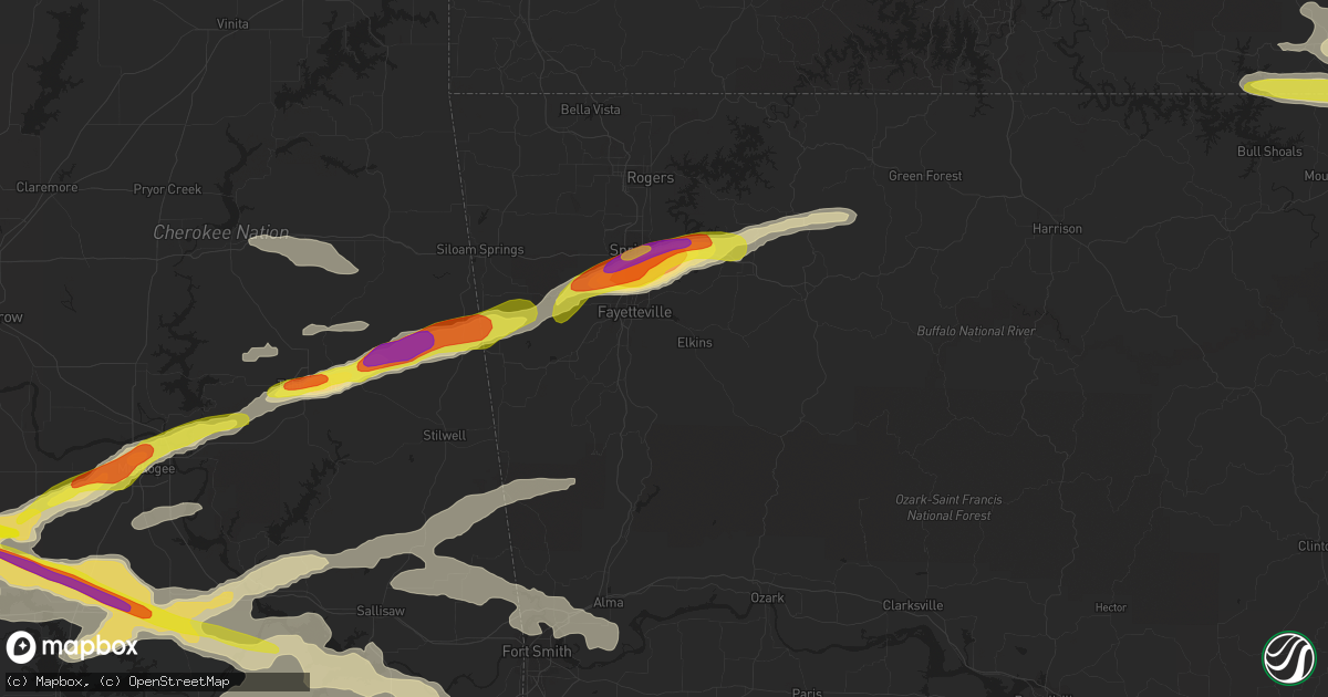 Hail map in Fayetteville, AR on April 15, 2022