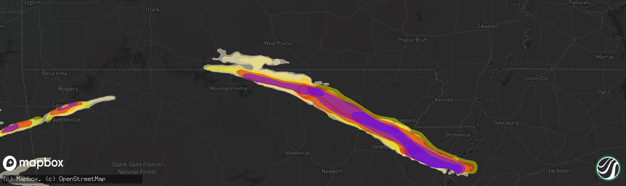 Hail map in Hardy, AR on April 15, 2022