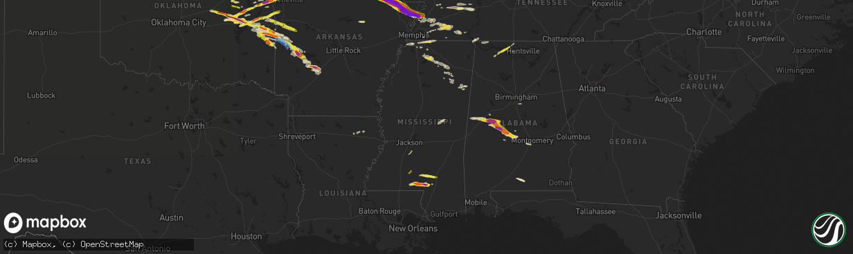 Hail map in Mississippi on April 15, 2022