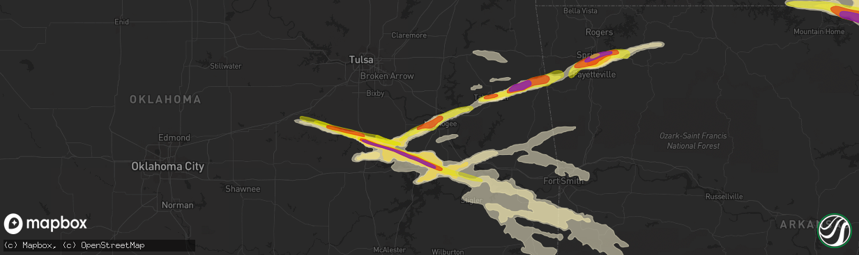 Hail map in Muskogee, OK on April 15, 2022