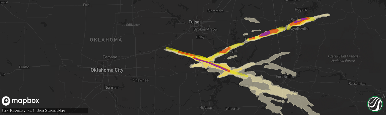 Hail map in Okmulgee, OK on April 15, 2022