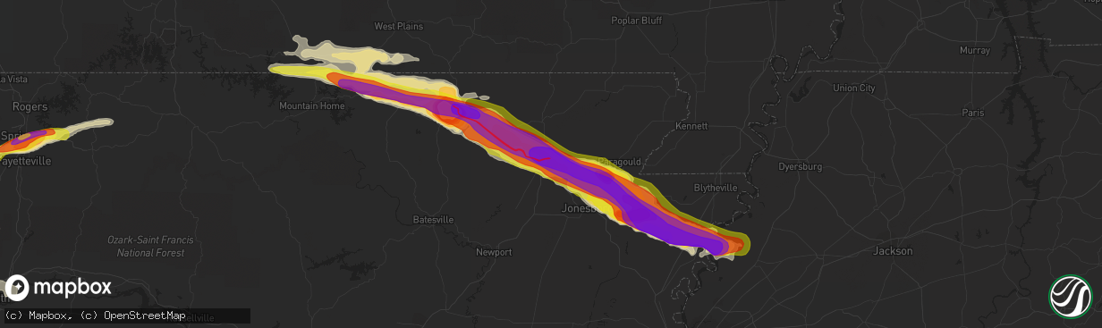 Hail map in Walnut Ridge, AR on April 15, 2022