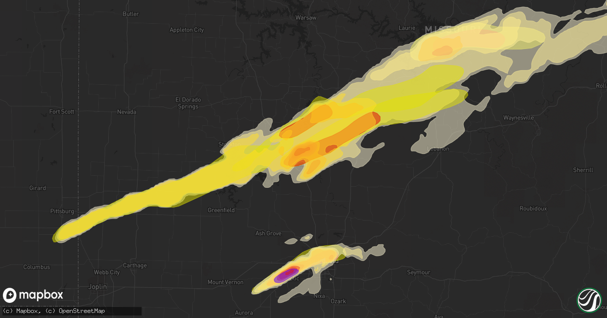 Hail map in Bolivar, MO on April 15, 2023
