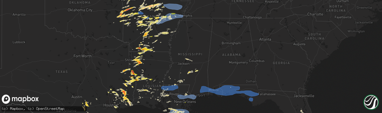 Hail map in Mississippi on April 15, 2023