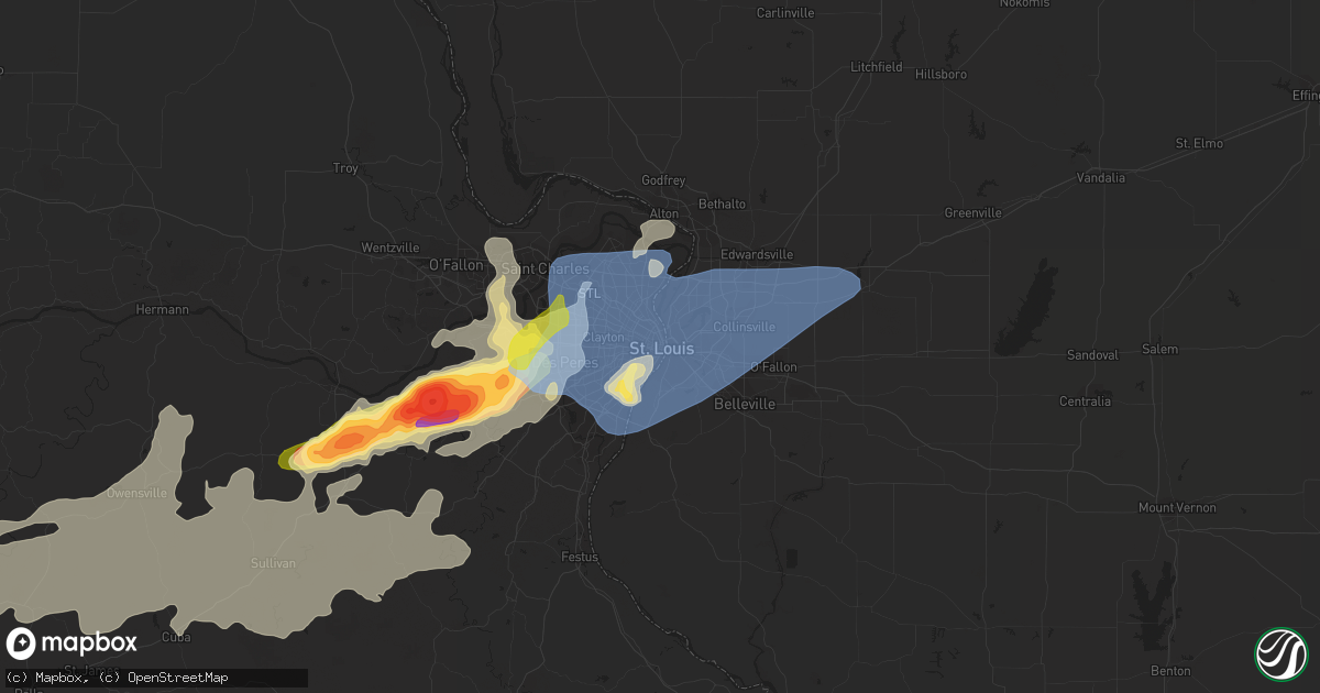 Hail map in Saint Louis, MO on April 15, 2023