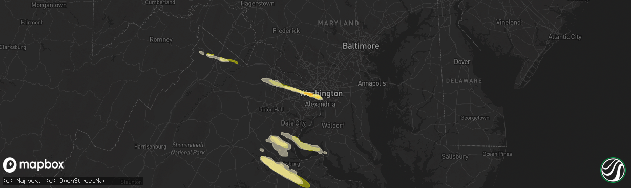 Hail map in Arlington, VA on April 15, 2024