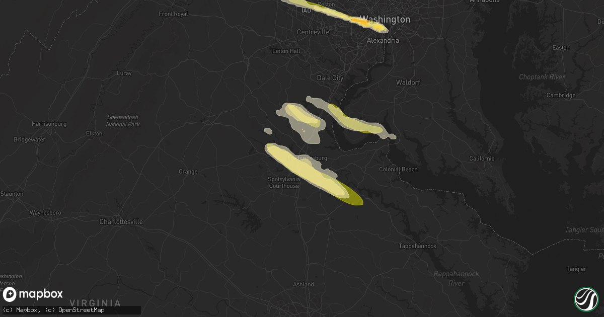 Hail map in Fredericksburg, VA on April 15, 2024