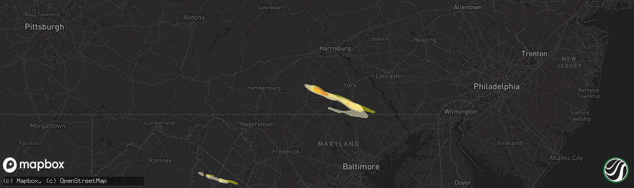 Hail map in New Oxford, PA on April 15, 2024