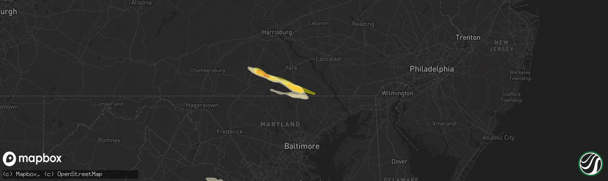 Hail map in Stewartstown, PA on April 15, 2024