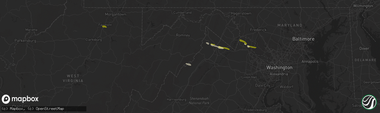 Hail map in Wardensville, WV on April 15, 2024