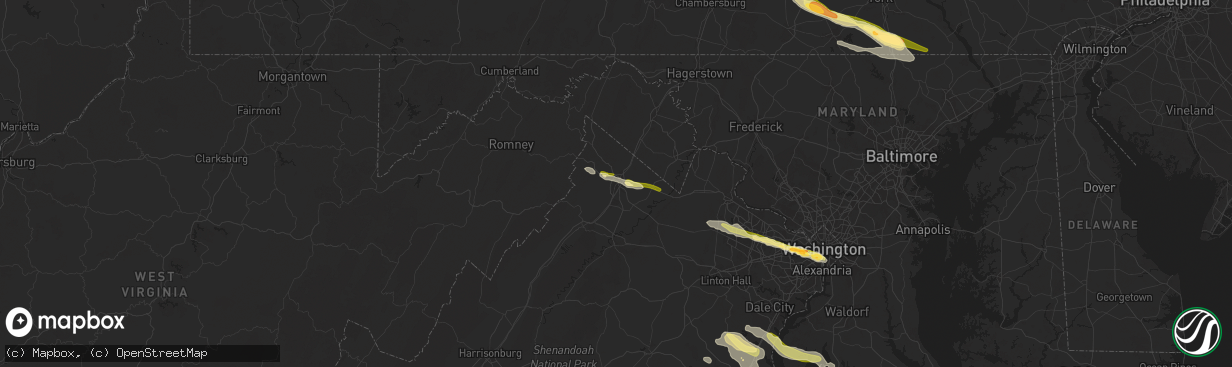 Hail map in Winchester, VA on April 15, 2024