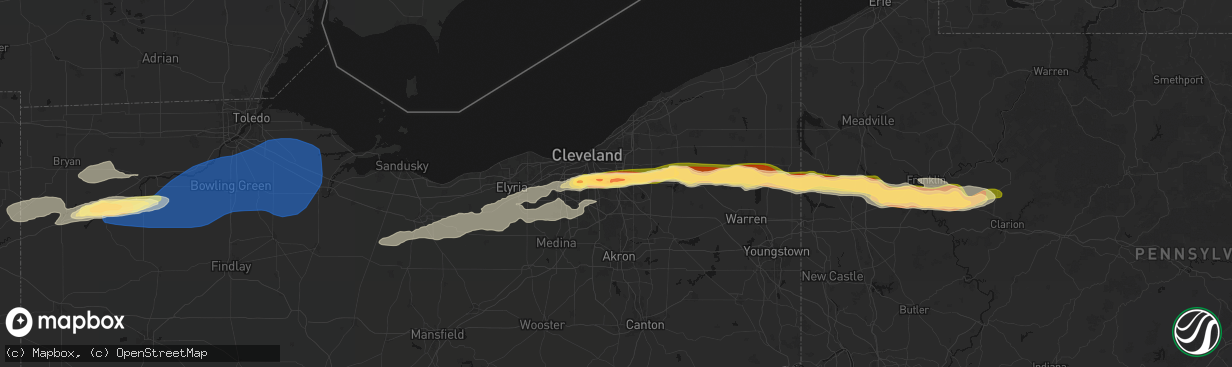 Hail map in Bedford, OH on April 15, 2026