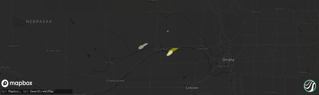 Hail map in Columbus, NE on April 15, 2026