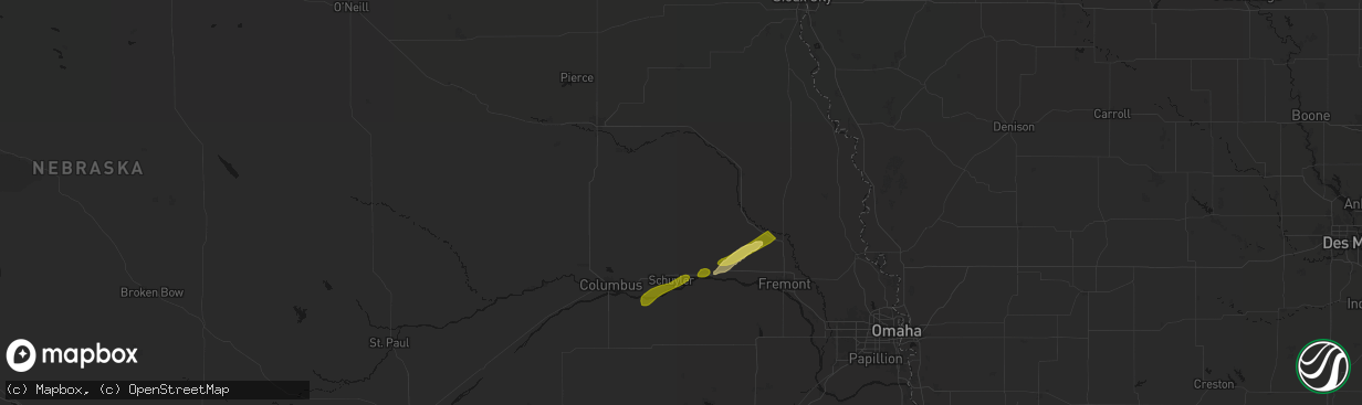 Hail map in Howells, NE on April 15, 2026