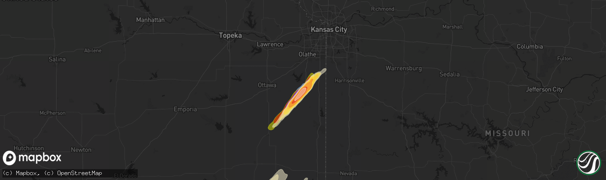 Hail map in Paola, KS on April 15, 2026
