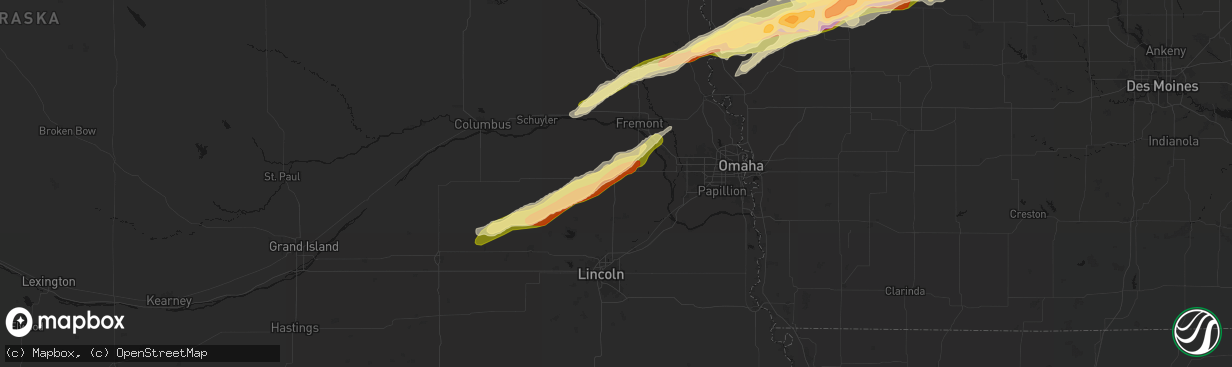 Hail map in Wahoo, NE on April 15, 2026