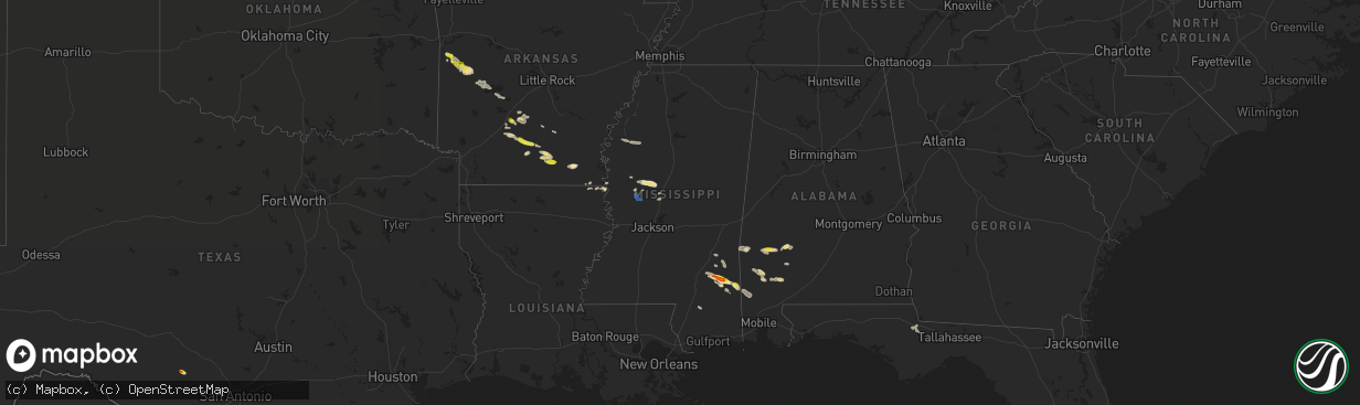Hail map in Mississippi on April 16, 2022