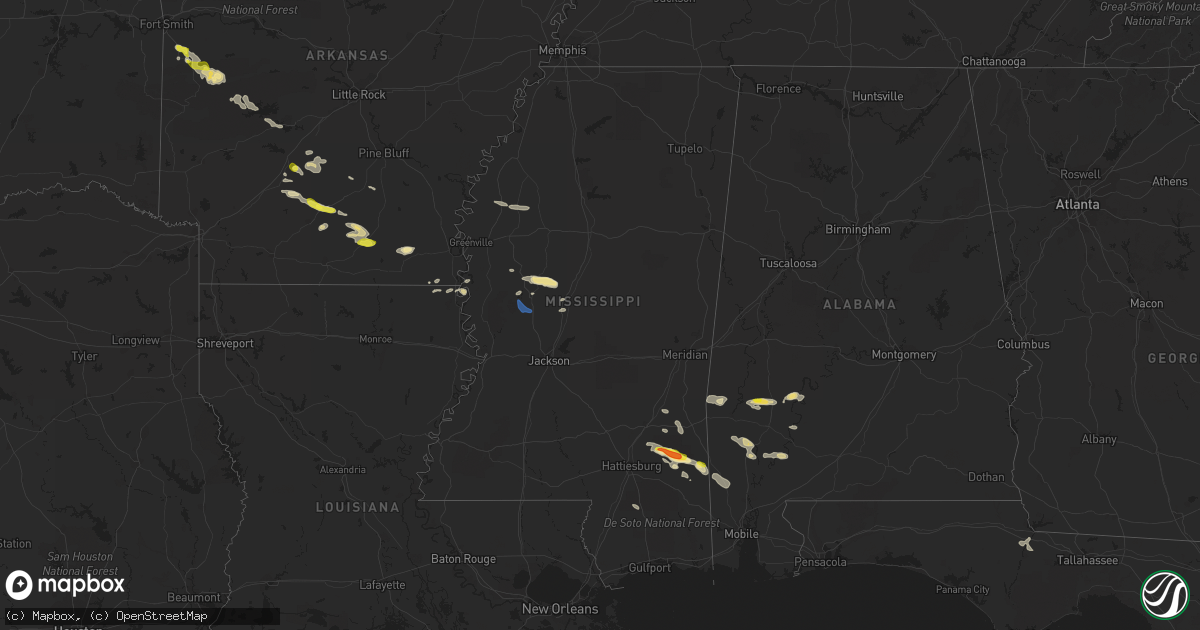 Hail map in Mississippi on April 16, 2022