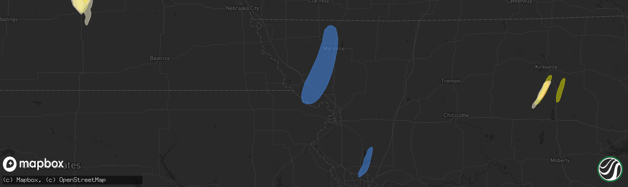 Hail map in Oregon, MO on April 16, 2024