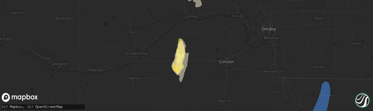 Hail map in Waco, NE on April 16, 2024