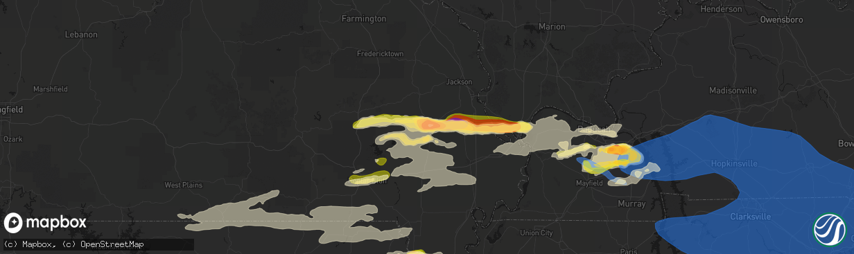 Hail map in Advance, MO on April 16, 2026