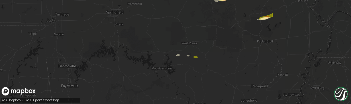 Hail map in Caulfield, MO on April 16, 2026
