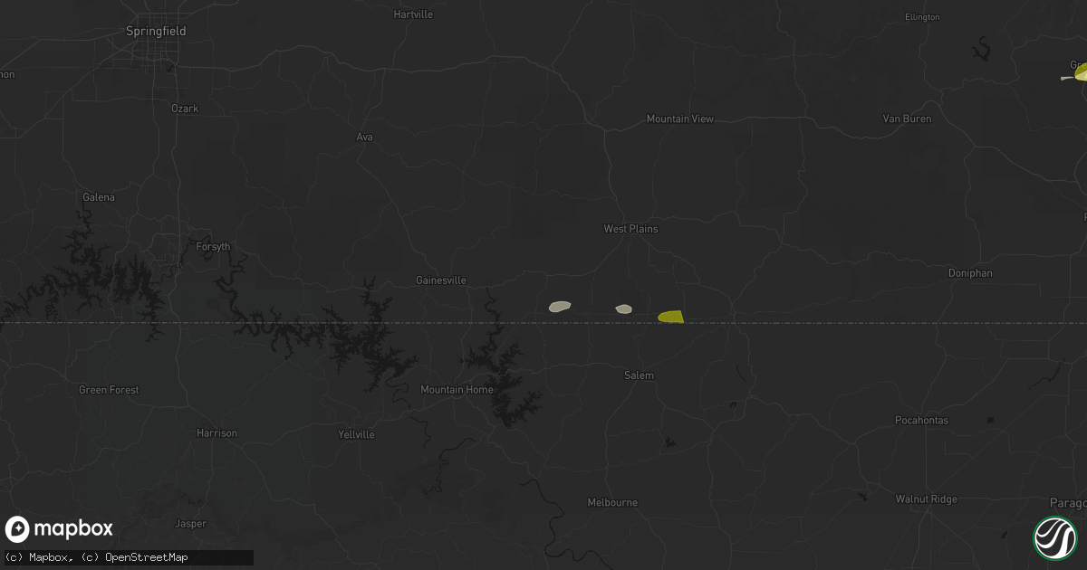 Hail map in Caulfield, MO on April 16, 2026