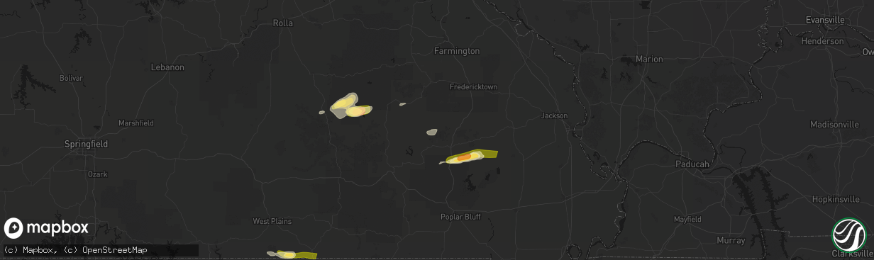 Hail map in Des Arc, MO on April 16, 2026