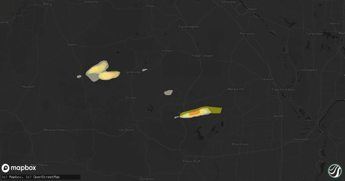 Hail map in Des Arc, MO on April 16, 2026