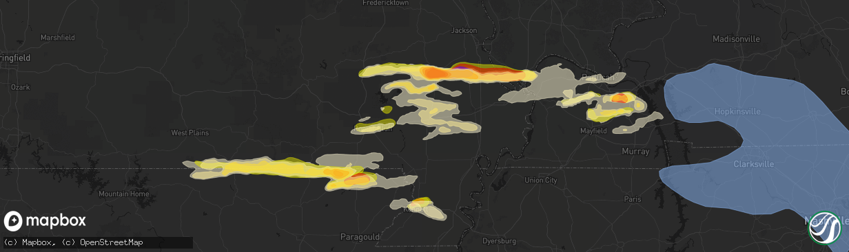 Hail map in Dexter, MO on April 16, 2026