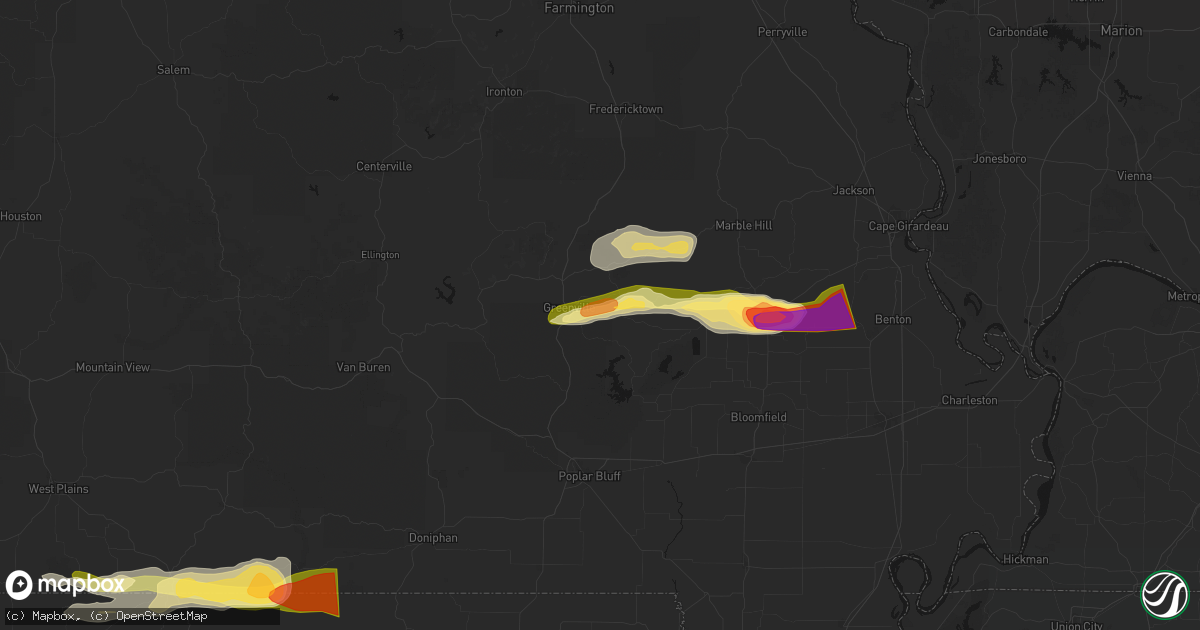 Hail map in Greenville, MO on April 16, 2026