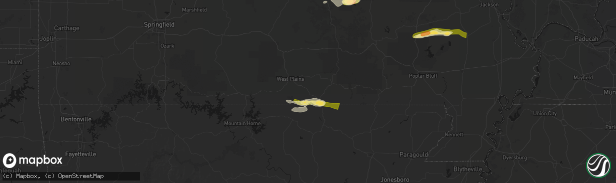 Hail map in Koshkonong, MO on April 16, 2026