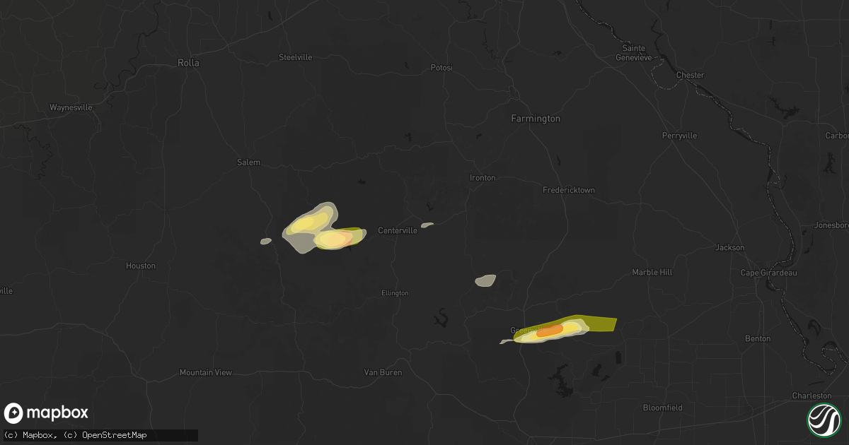 Hail map in Lesterville, MO on April 16, 2026