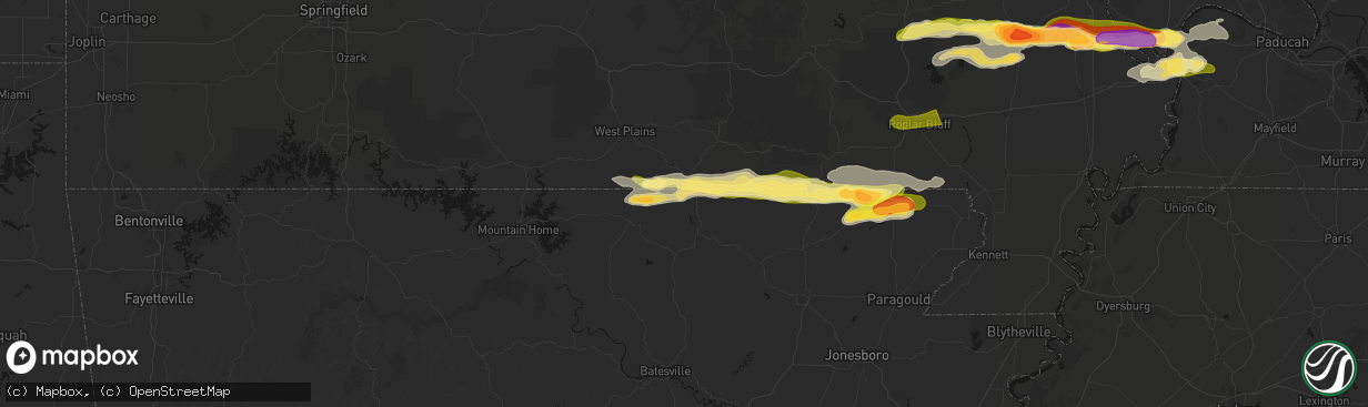 Hail map in Mammoth Spring, AR on April 16, 2026