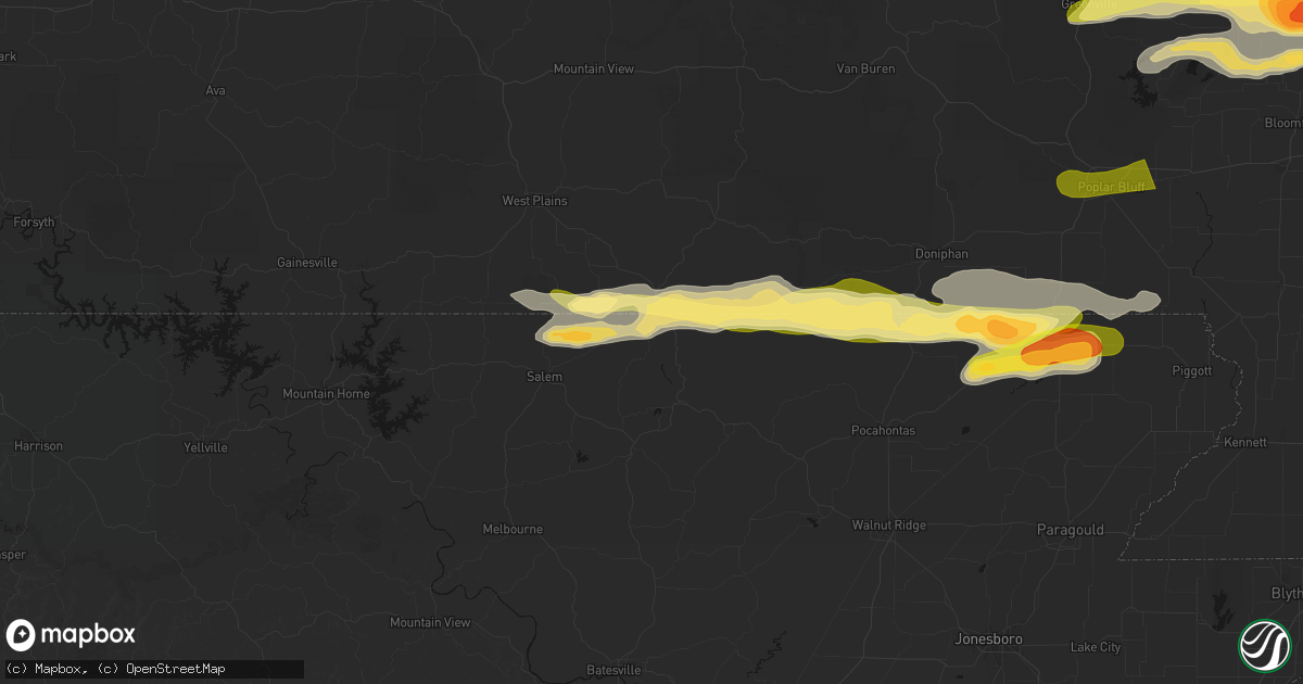 Hail map in Mammoth Spring, AR on April 16, 2026