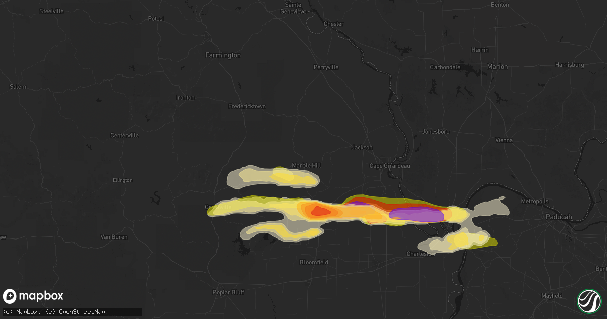 Hail map in Marble Hill, MO on April 16, 2026