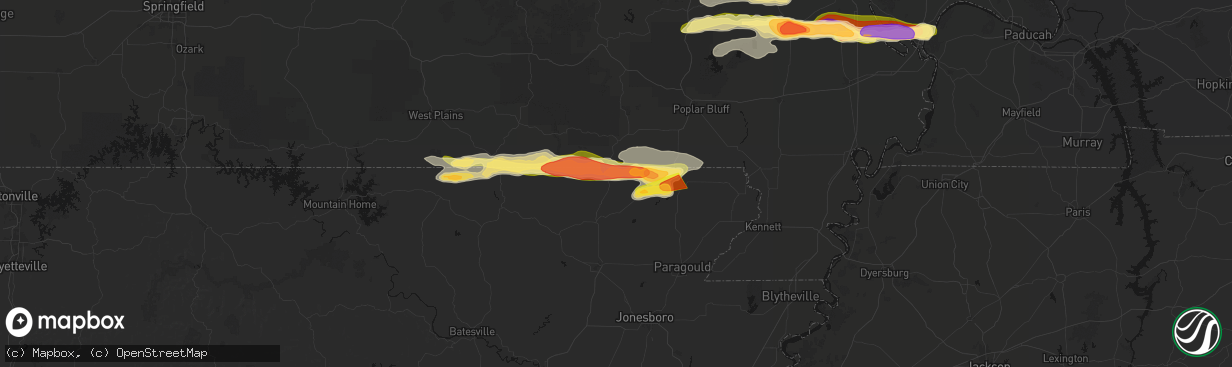 Hail map in Maynard, AR on April 16, 2026