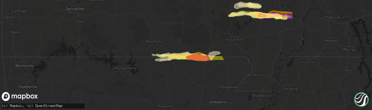 Hail map in Myrtle, MO on April 16, 2026