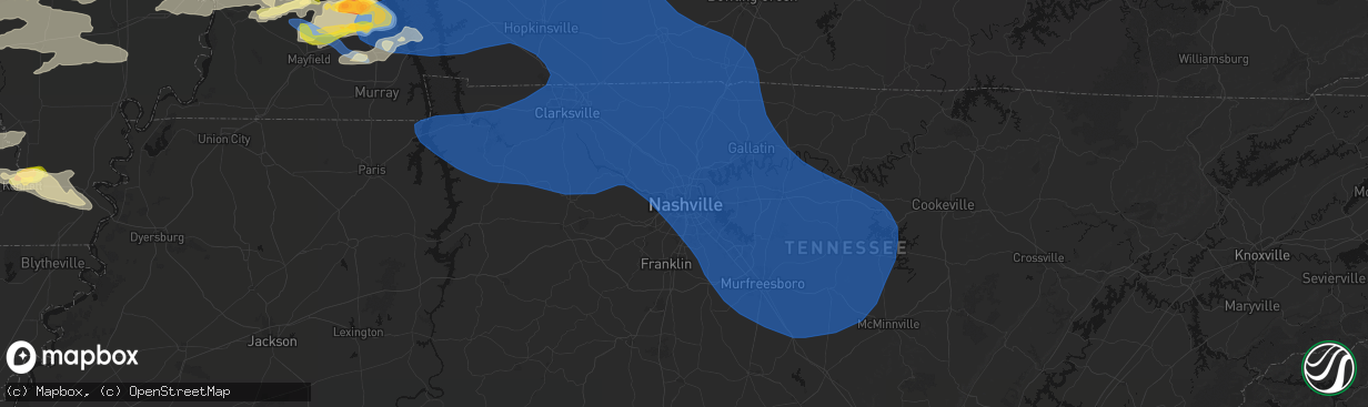 Hail map in Nashville, TN on April 16, 2026