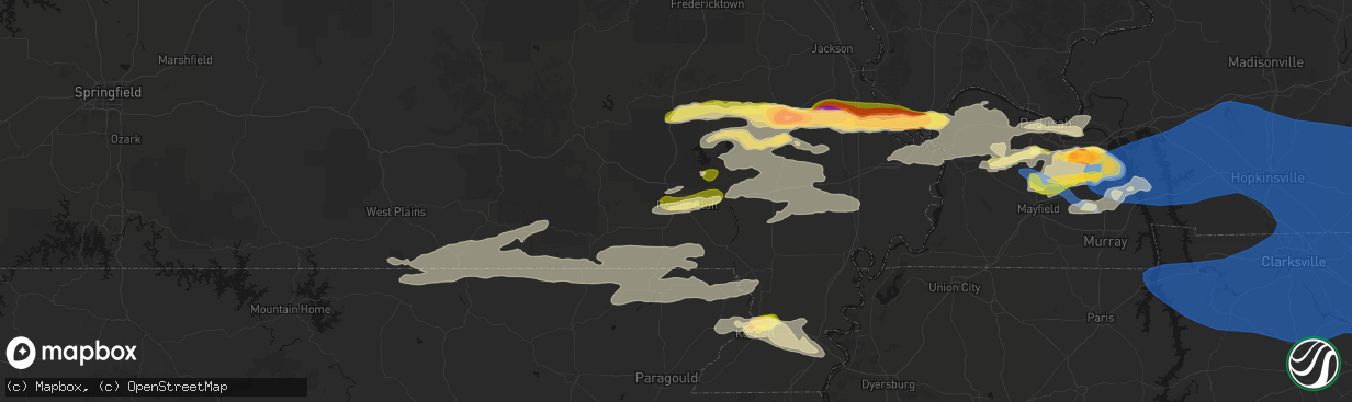 Hail map in Poplar Bluff, MO on April 16, 2026