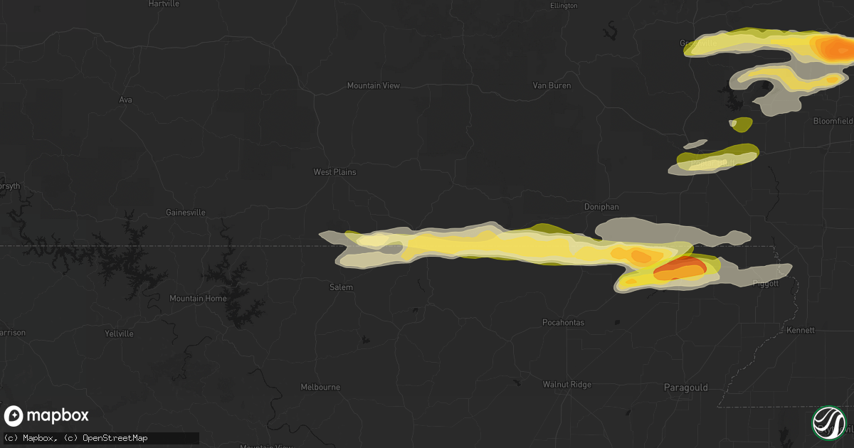 Hail map in Thayer, MO on April 16, 2026