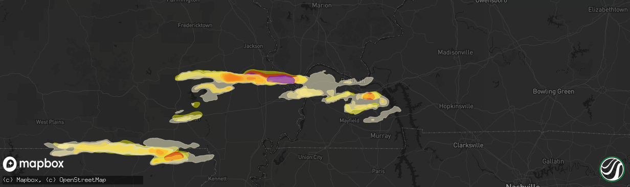 Hail map in Wickliffe, KY on April 16, 2026