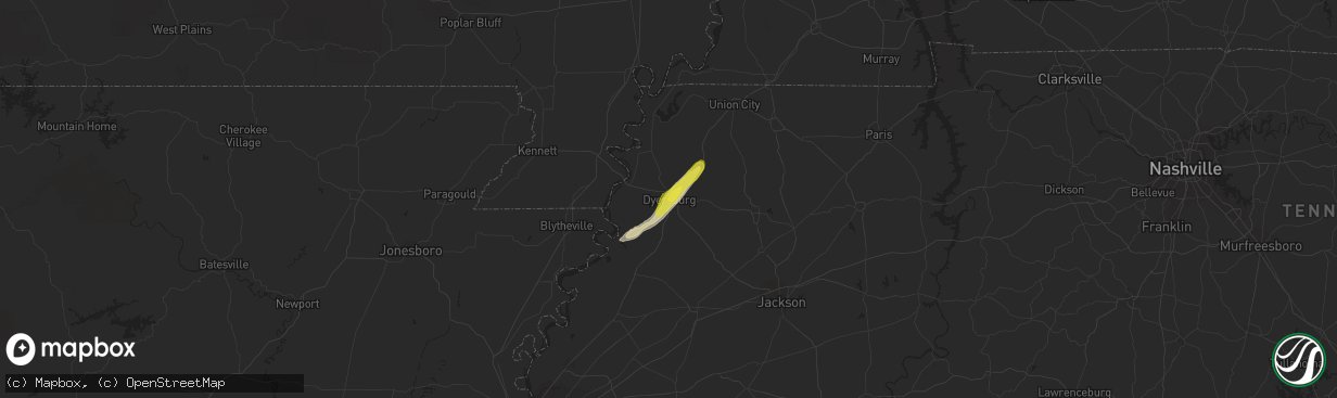 Hail map in Dyersburg, TN on April 17, 2022