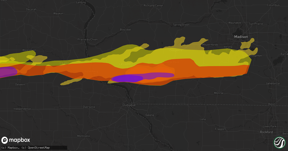 Hail map in Platteville, WI on April 17, 2025